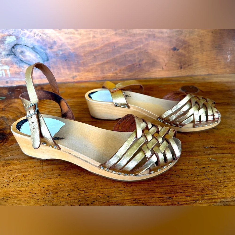 Gold Swedish Hasbeens - size 40, low heel